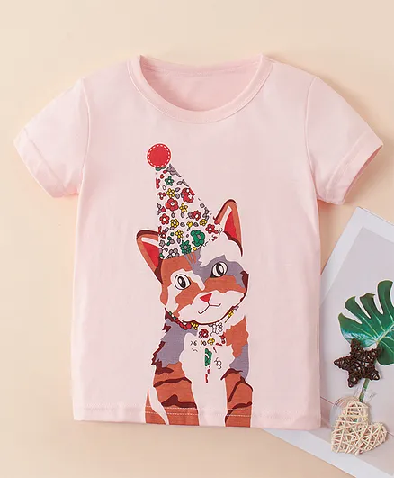 Kookie Kids Half Sleeves Tee Kitty Print - Pink