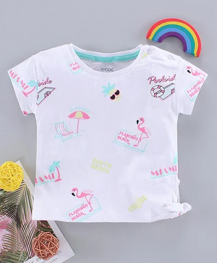 Fox Baby Half Sleeves Top Flamingo Print - White