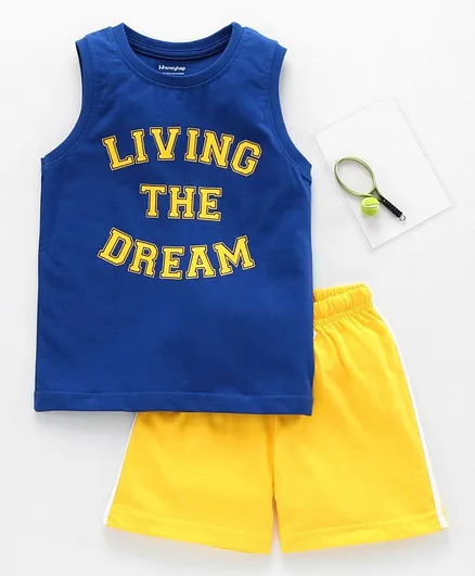 Honeyhap Sleeveless Night Suit with Silvadur and Anti Microbial Finish Text Print - Blue