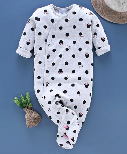 Fox Baby Footed Full Sleeve Sleep Suit Minnie Mouse Print - Grey
