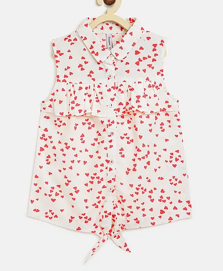 Campana Red Hearts Print Sleeveless Knotted Shirt Style Top - White