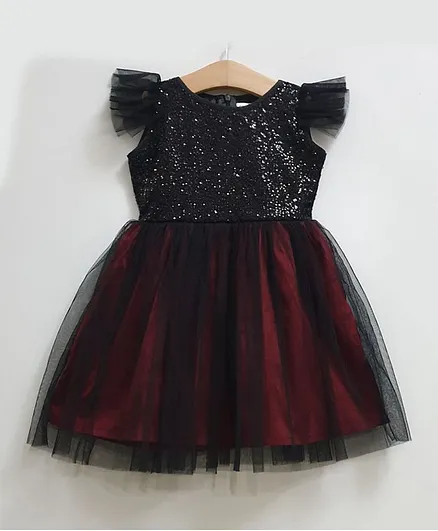 My Pink Closet Sequin Bodice Cap Sleeves Dress - Black & Maroon