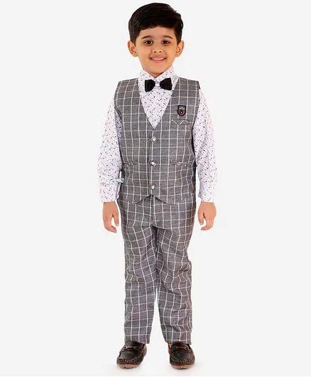 KID1 Full Sleeves Shirt With Checked Waistcoat Pants & Bow Tie Suit - Grey