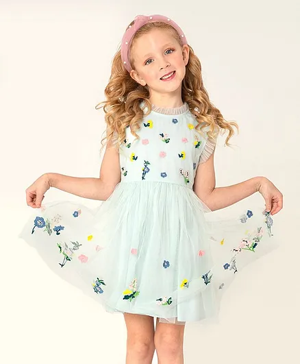 Cherry Crumble by Nitt Hyman Sleeveless Flower Embroidery Tulle Frill Dress - Pista Green