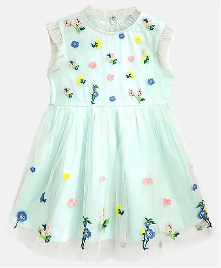 Cherry Crumble by Nitt Hyman Sleeveless Flower Embroidery Tulle Frill Dress - Pista Green