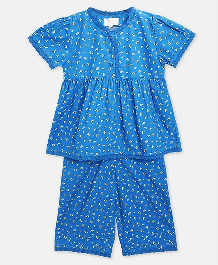 Cherry Crumble by Nitt Hyman Short Sleeves Flower Print Night Suit - Blue