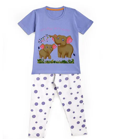 KIDSCRAFT Half Sleeves Elephant Print Detailing Night Suit - Purple