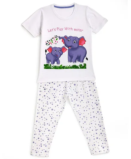 KIDSCRAFT Half Sleeves Elephant Print Detailing Night Suit - White