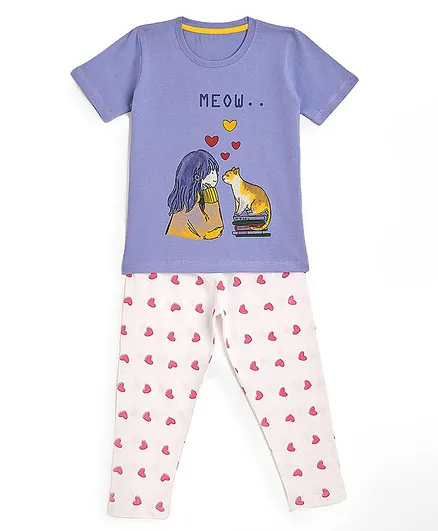 KIDSCRAFT Half Sleeves Cat Friend Printed Night Suit - Purple