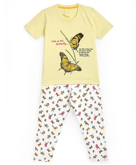 KIDSCRAFT Half Sleeves Butterfly Printed Night Suit - Yellow