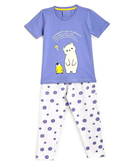 KIDSCRAFT Half Sleeves Penguin & Bear Printed Night Suit - Purple