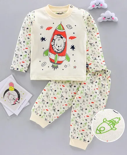 Mini Taurus Full Sleeves Night Suit Rocket Print - Green
