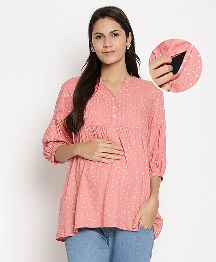 Bella Mama Three Fourth Sleeves Maternity Three Tunic Top Dot Print - Peach