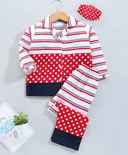 Enfance Core Stripe & Polka Printed Full Sleeves Night Suit With Mask - Red