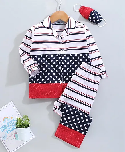 Enfance Core Stripe & Polka Printed Full Sleeves Night Suit With Mask - Navy Blue