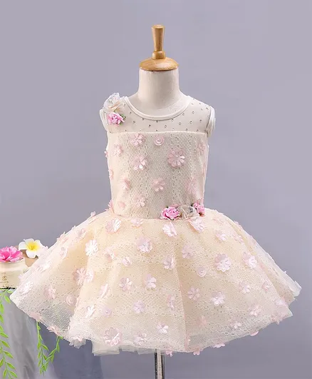 Enfance Sleeveless Flower Applique Flared Dress - Pink & Off White