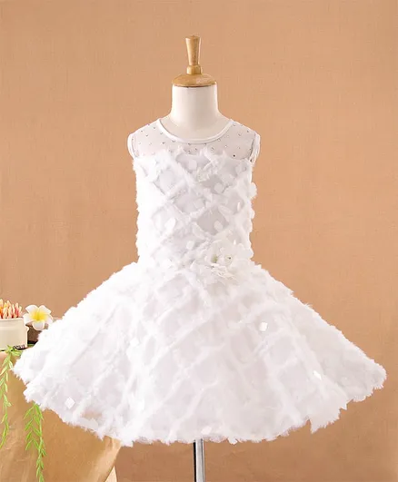Enfance Sleeveless Floral Applique Faux Fur Detailing Dress - White