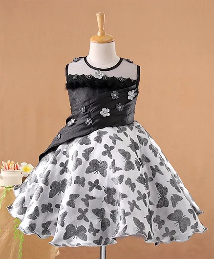 Enfance Sleeveless Butterfly Print Floral Applique Dress - Black