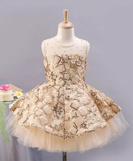 Enfance Sleeveless Sequined Floral Applique Dress - Beige