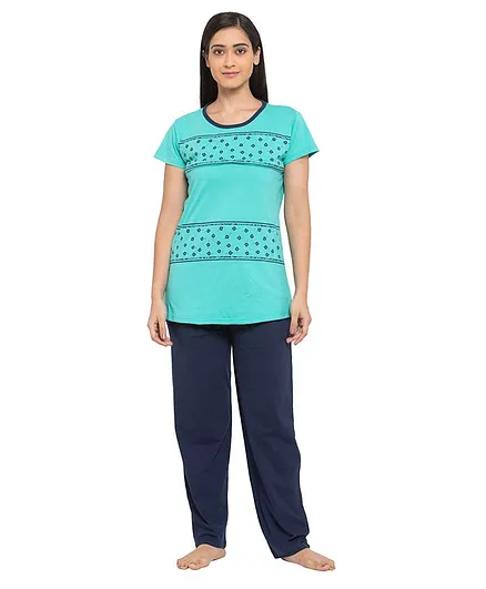 Fabme Half Sleeves Printed Night Suit - Sea Green