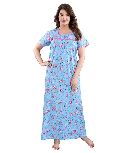 Fabme Half Sleeves Flower Print Maternity Nighty - Blue