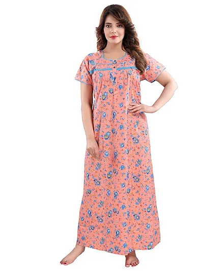 Fabme Half Sleeves Flower Print Maternity Nighty - Orange