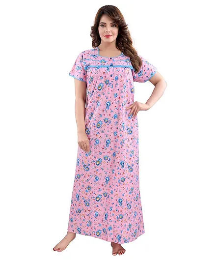 Fabme Half Sleeves Flower Print Maternity Nighty - Pink