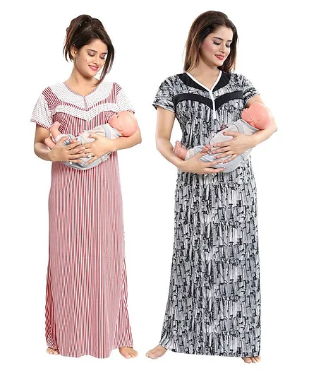 Fabme Pack Of 2 Half Sleeves Polka Dot Print Nighty- White Red