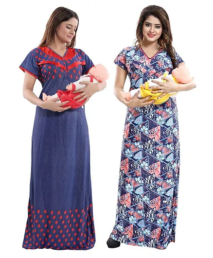Fabme Pack Of 2 Half Sleeves Printed Nighty - Red Orange