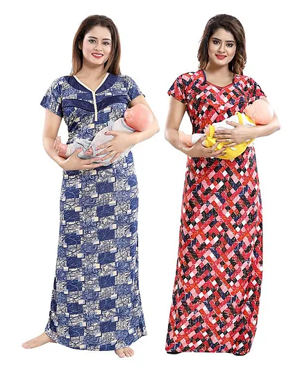 Fabme Pack Of 2 Half Sleeves Printed Nighty - Blue Red