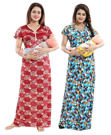 Fabme Pack Of 2 Half Sleeves Printed Nighty - Red Sea Green