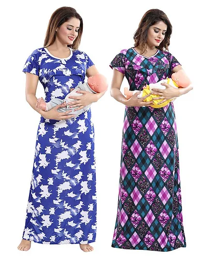 Fabme Pack Of 2 Half Sleeves Flower Print Nighty - Black Purple