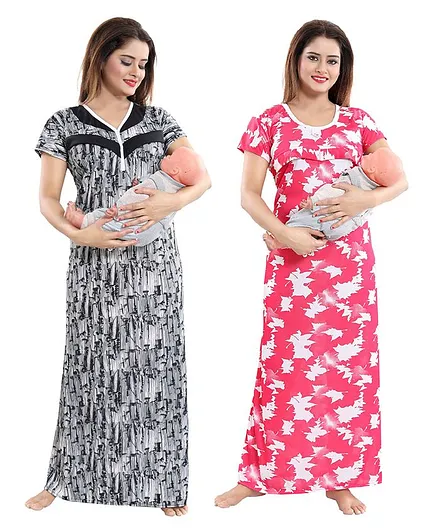 Fabme Pack Of 2 Half Sleeves Flower Print Nighty - White Pink