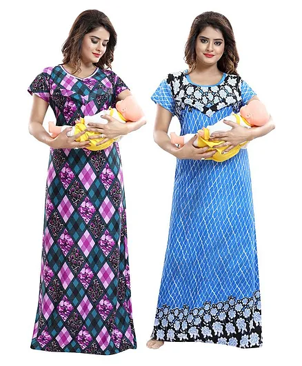 Fabme Pack Of 2 Half Sleeves Printed Nighty - Blue Pink