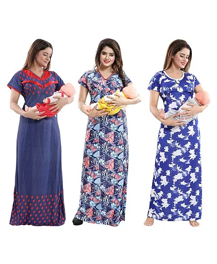 Fabme Pack Of 3 Half Sleeves Polka Dot Print Nighty - Red Orange Blue