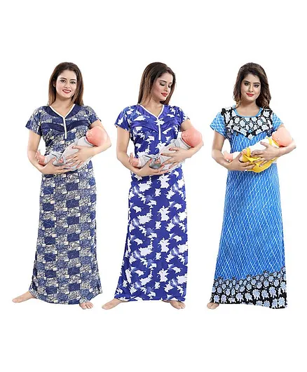 Fabme Pack Of 3 Half Sleeves Flower Print Nighty - Blue