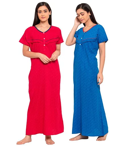 Fabme Pack Of 2 Half Sleeves Floral Print Nighty - Dark Pink Blue