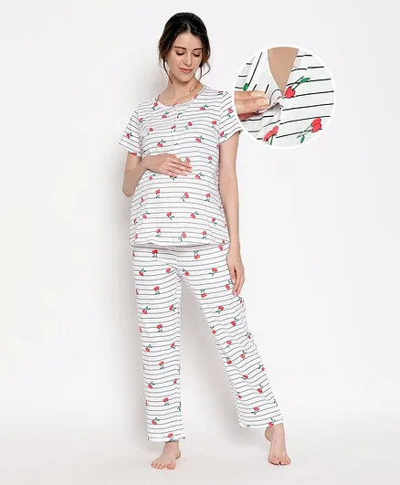 Bella Mama Half Sleeves Cherry Print Maternity Night Suit - White