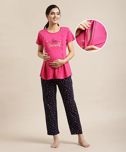 Bella Mama Half Sleeves Knitted Night Suit Heart Print - Pink