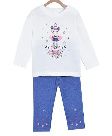 The Mom Store Full Sleeves Super Girl Print Night Suit Set - Multicolor