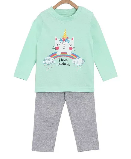 The Mom Store Full Sleeves I Love Rainbows Print Night Suit Set - Multicolor