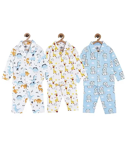 The Mom Store Combo Of 3 Full Sleeves Dinosaur Print Night Suit - Multicolor