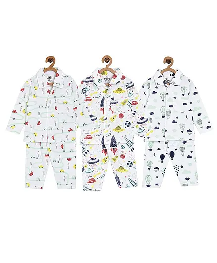 The Mom Store Combo Of 3 Full Sleeves City Drive Print Night Suit - Multicolor