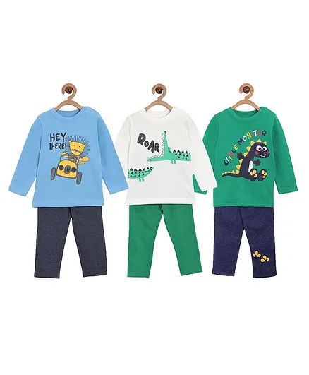 The Mom Store Combo Of 3 Full Sleeves Hey There Print Night Suit - Multicolor