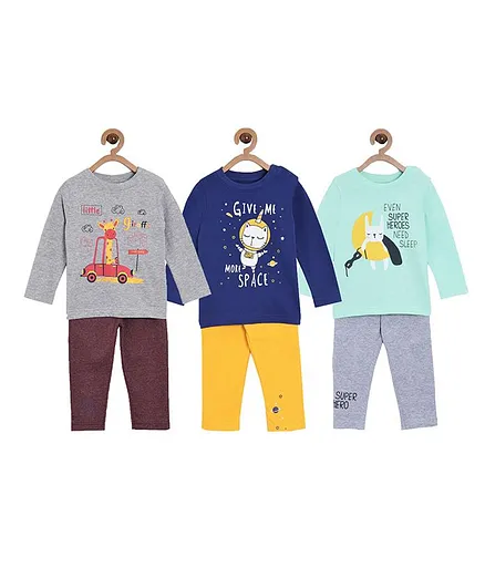 The Mom Store Combo Of 3 Full Sleeves Give Me Some Space Print Night Suit - Multicolor