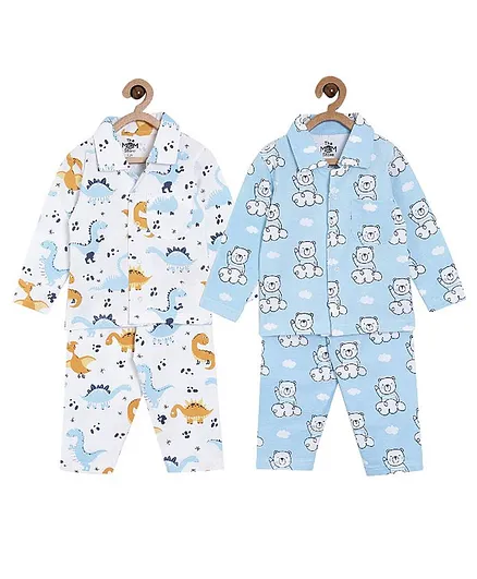 The Mom Store Combo of 2 Full Sleeves Dino & Bear Print Night Suit - Multicolor