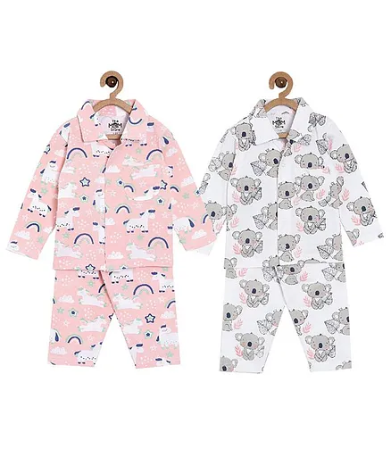 The Mom Store Combo of 2 Full Sleeves Baby Koala & Magical Unicorn Night Suit - Grey Pink