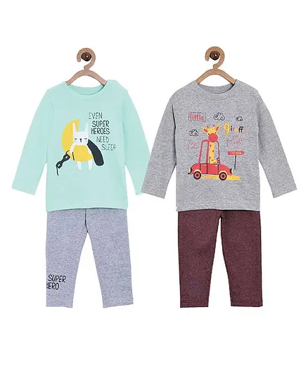 The Mom Store Combo of 2 Full Sleeves Giraffe Print Night Suit - Grey Maroon Blue