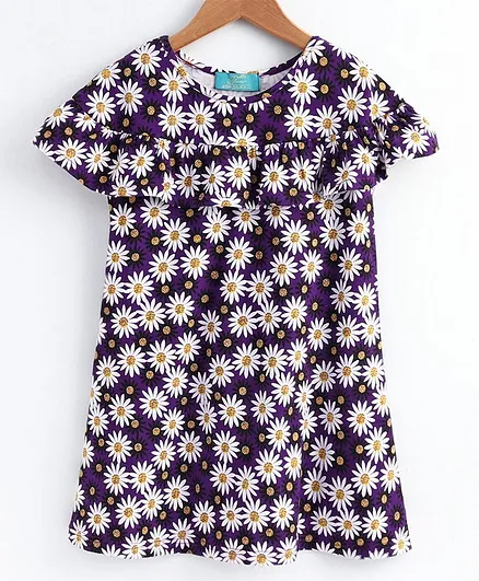 Tiara Half Sleeves Ruffle Floral Print Detailing Dress - Purple