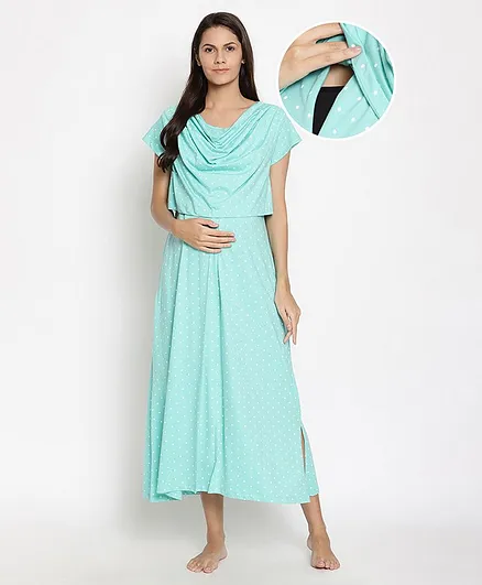 Bella Mama Flare Sleeves Polka Dot Print Nighty - Blue